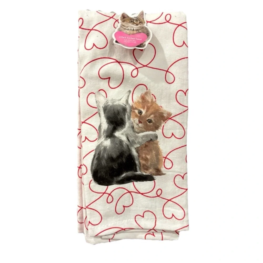 CATS KITTIES HEARTS KITCHEN DISH TOWELS SET OF 3 NOVELTY SUPER DRYING KITSCH